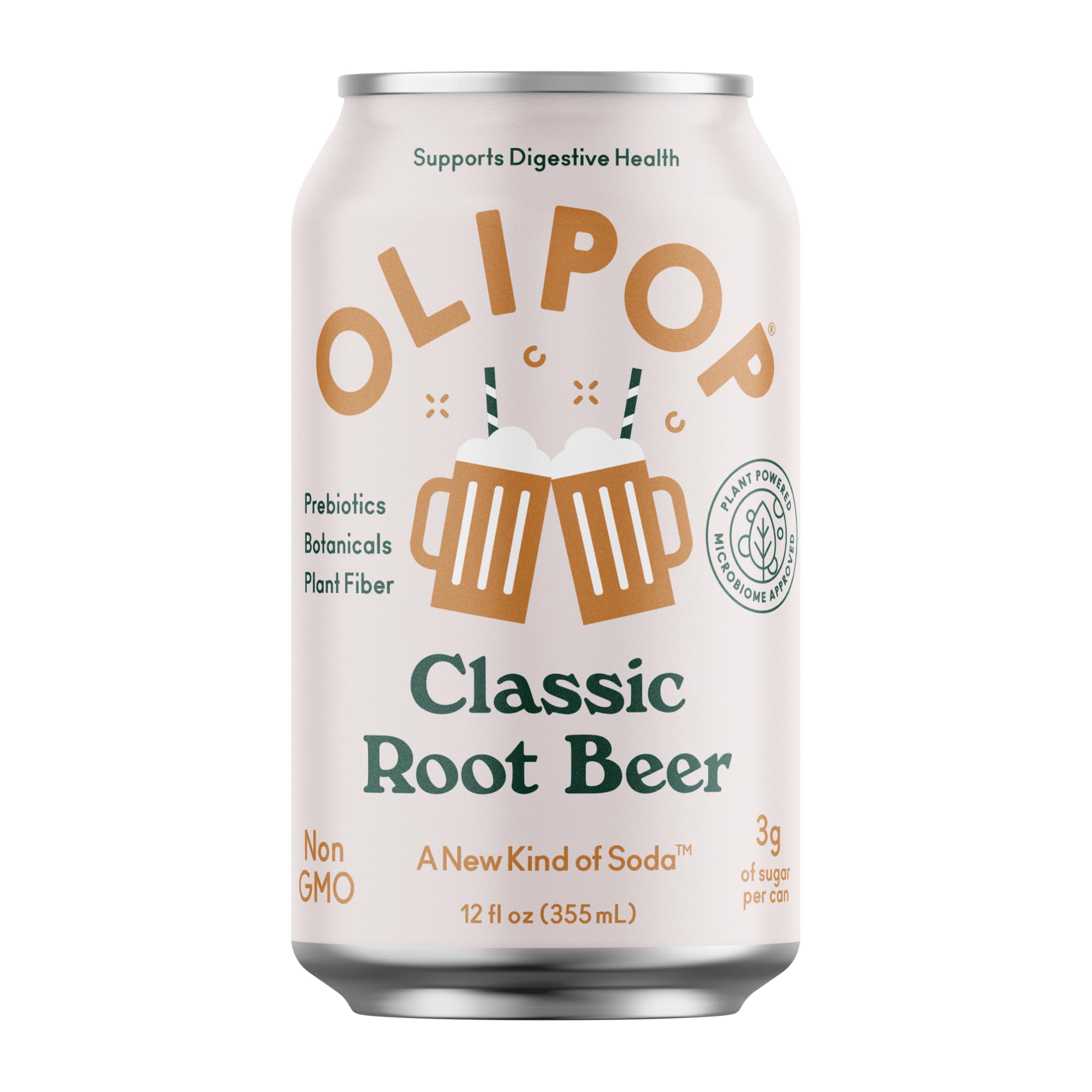 OLIPOP Prebiotic Soda Pop, Classic Root Beer, Prebiotics, Botanicals, Plant Fiber, 12 fl oz (4 Cans)
