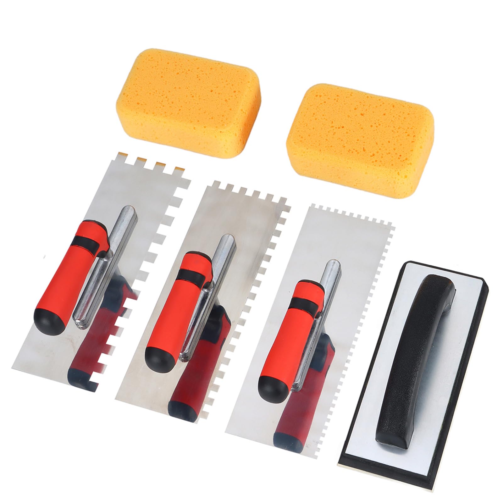 Notched Tile Trowel 3 Pcs Set, Premium Stainless Steel Finish Trowel with Rubber Grout Float and Grout Sponge,Professional Tools for Tiling Installation(Square Notch Size: 4mm & 8mm & 12mm)