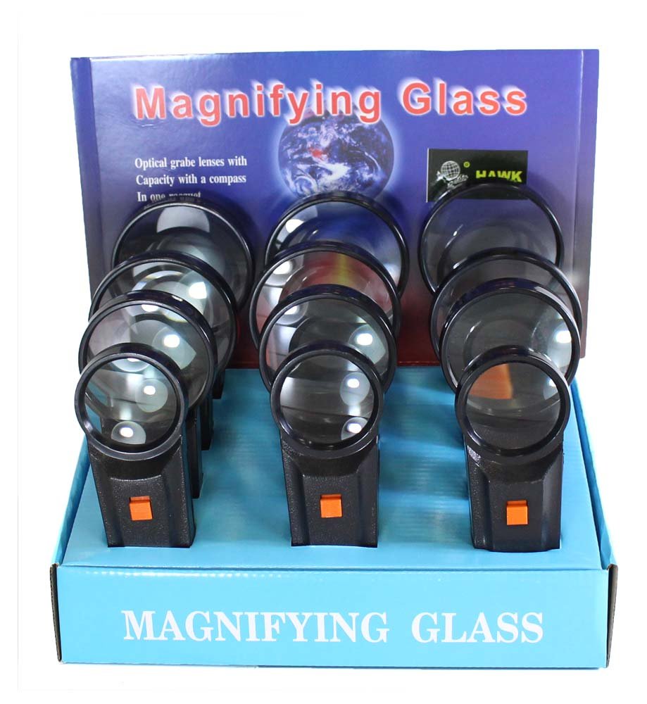 12 Piece Illuminated Magnifier Display With 3 In Each Of 2 Sizes, And 6 In The 3