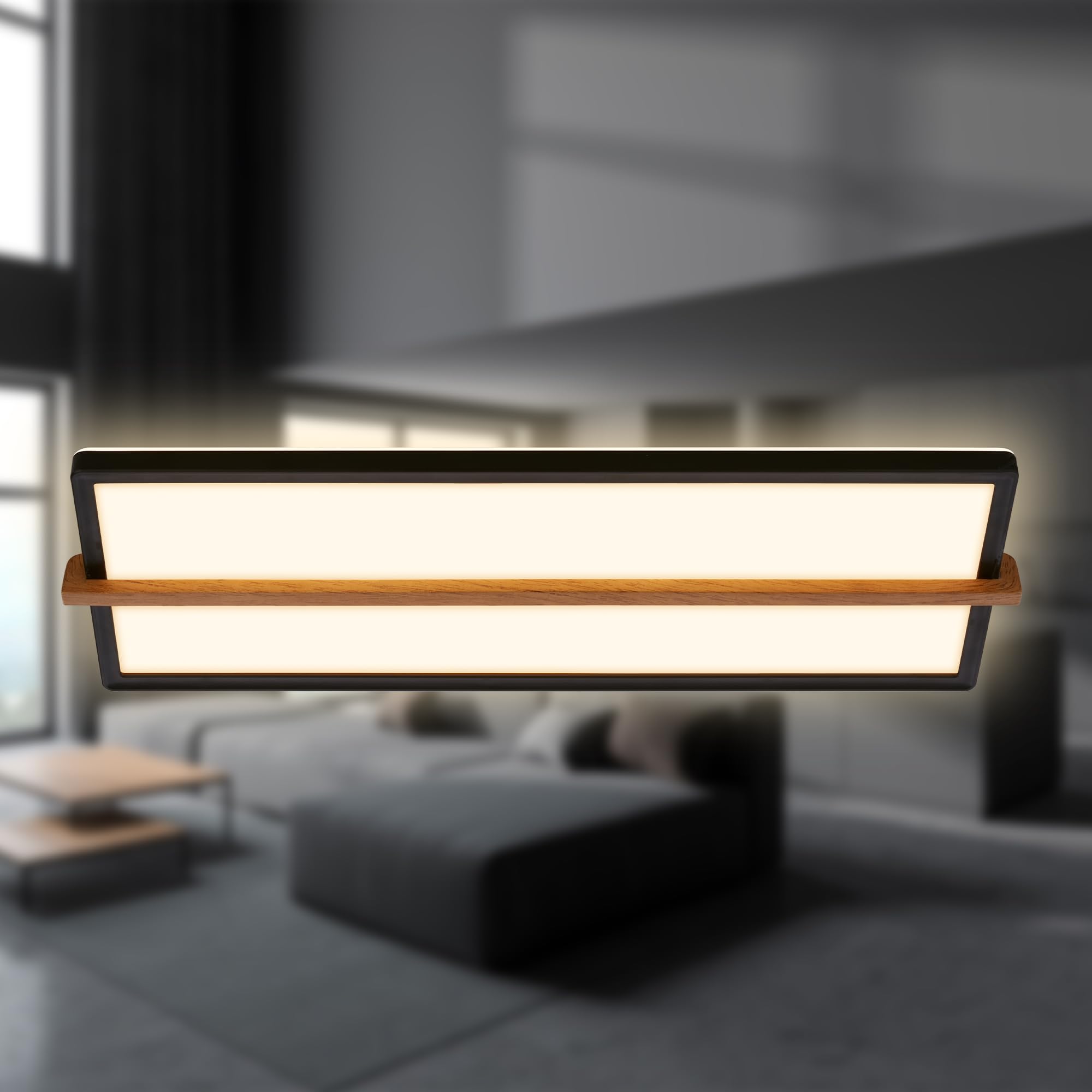 BRILONER - LED Ceiling lamp with Wood, indirect Light, 3,000K Warm White, LED lamp, LED Ceiling Light, Living Room lamp, LED Panel, Kitchen lamp, Ceiling Lighting, 60.5x20x4.5 cm, Black