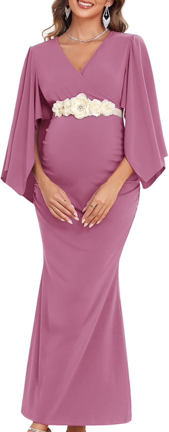 Maxi Maternity Dress Semi Formal Baby Shower Wedding Guest V-Neck Handkerchief Sleeves Elegant - Image 2