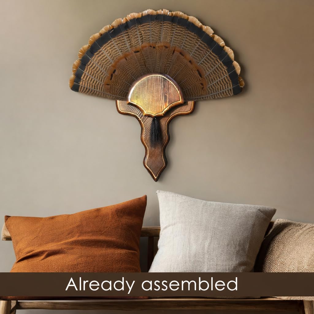 Solid Wood Turkey Fun Mount – Turkey Fan & Beard Trophy Wooden Mount Stand – Wall Display Easy Install Rustic Decor – Universal Wall Mounted Trophy Mounts – Strut Turkey Tail with Hardware Included