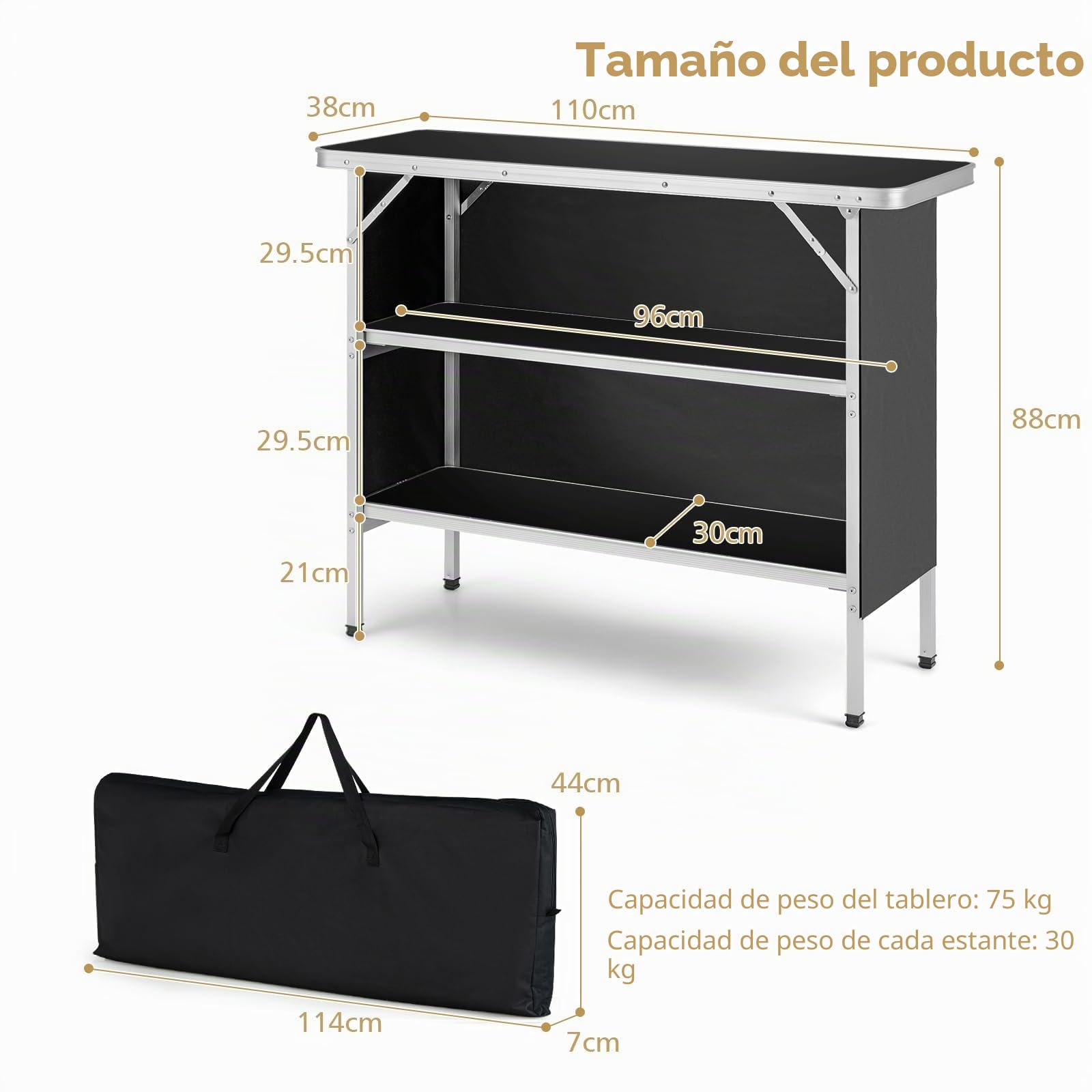 KOMFOTTEU Mesa de Camping Plegable, Mesa de Picnic de Tela con Marco de Aluminio, Armario de Almacenamiento de 3 Niveles con Bolsa de Transporte, Mesa para Barbacoa, Fiesta (Negro, 110 x 38 x 88 cm)