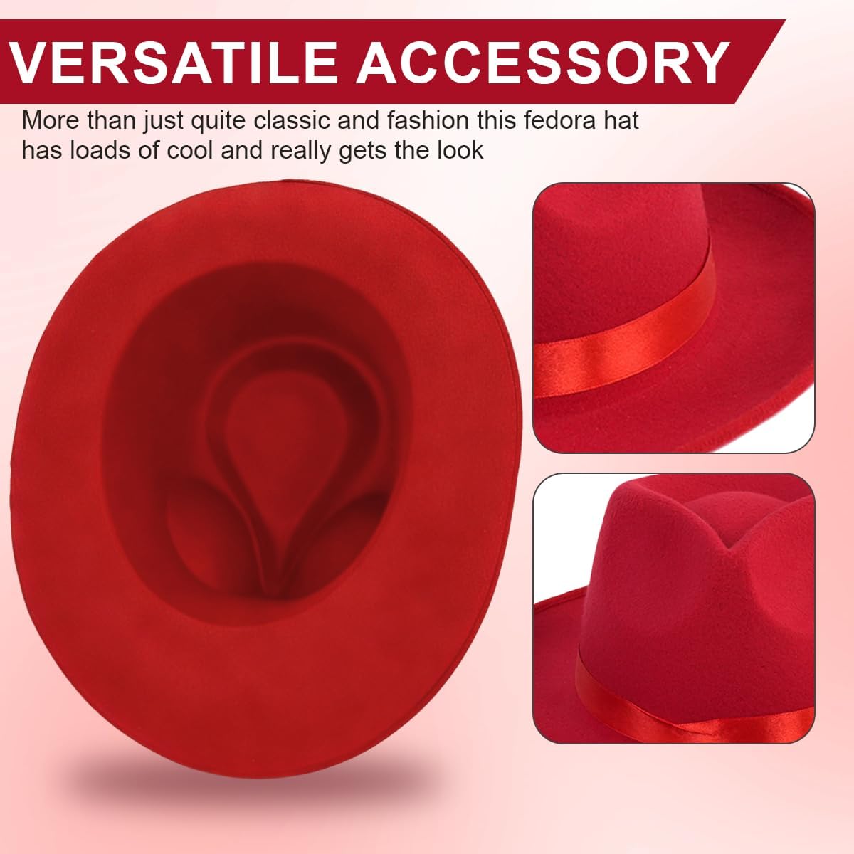 Red Wide Brim Felt Fedora Hat with Satin Ribbon Dress Panama Hat Rancher Hat for Women Men - Image 4