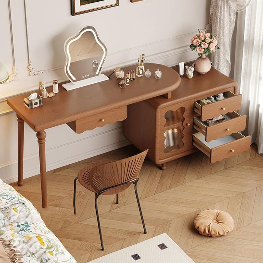 Tavolo da trucco asimmetrico con cassetti e armadietto, 3 modalità di illuminazione per camera da letto, design moderno, elegante tavolo da toeletta ideale per gli amanti del trucco