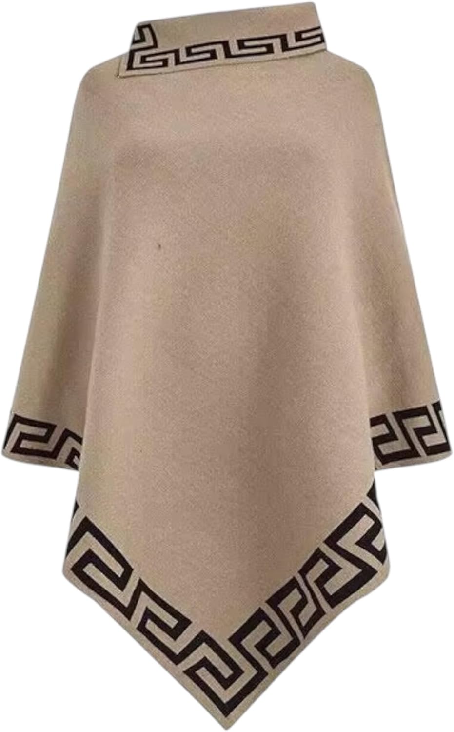 Women's Greek Key Pattern Poncho, High Neck, Asymmetric Hem, Geometric Pattern Knitted Sweater