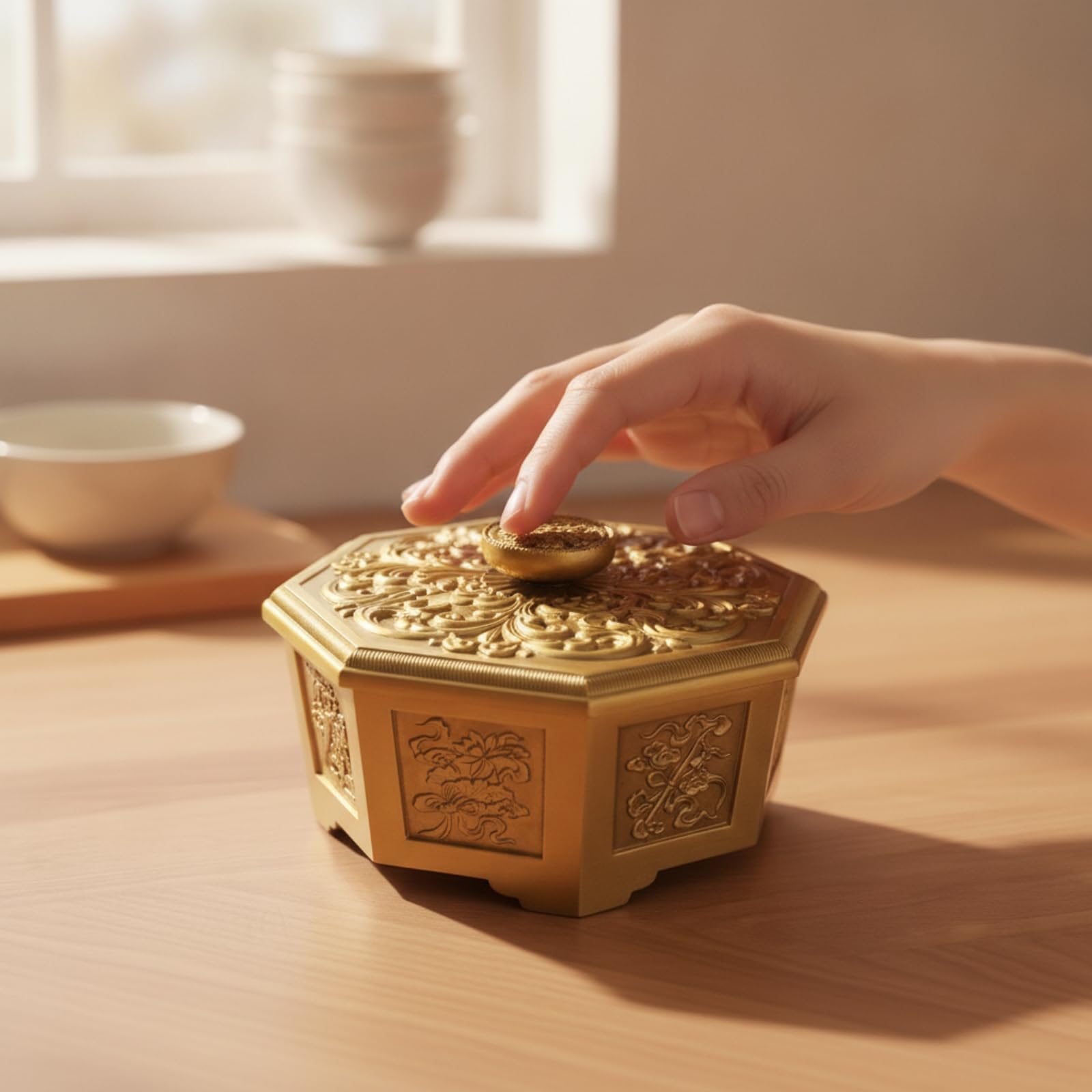 Schmuckdose Schmuckkästchen Aufbewahrungsbox Deko Dose Messing mit Deckel Achteckig mit Relief Blumen Detailreich für Schmuck Kleinigkeiten Bonbons