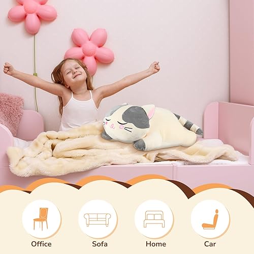 Miniatura 4 de Jexine 2 almohadas de felpa de gato de 23.6 pulgadas, almohada de felpa para abrazar, peluche grande de gatito para niñas, suave y lindo animal de