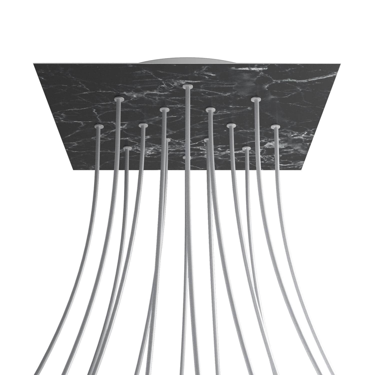 creative cables Rosone XXL quadrato bianco linea Rose-One (serracavo conico, dibond marmo marquina, 14 fori e 4 fori laterali) – Per lampadari e sospensioni multiple