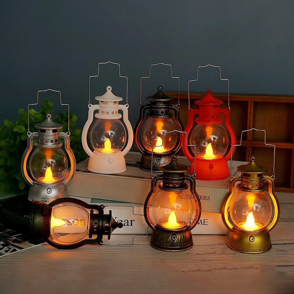 Portable Led Vintage Lantern with Flame Effect - Retro Hanging Oil Lamp for Home Decor & Outdoor Camping, Parties and Events White
