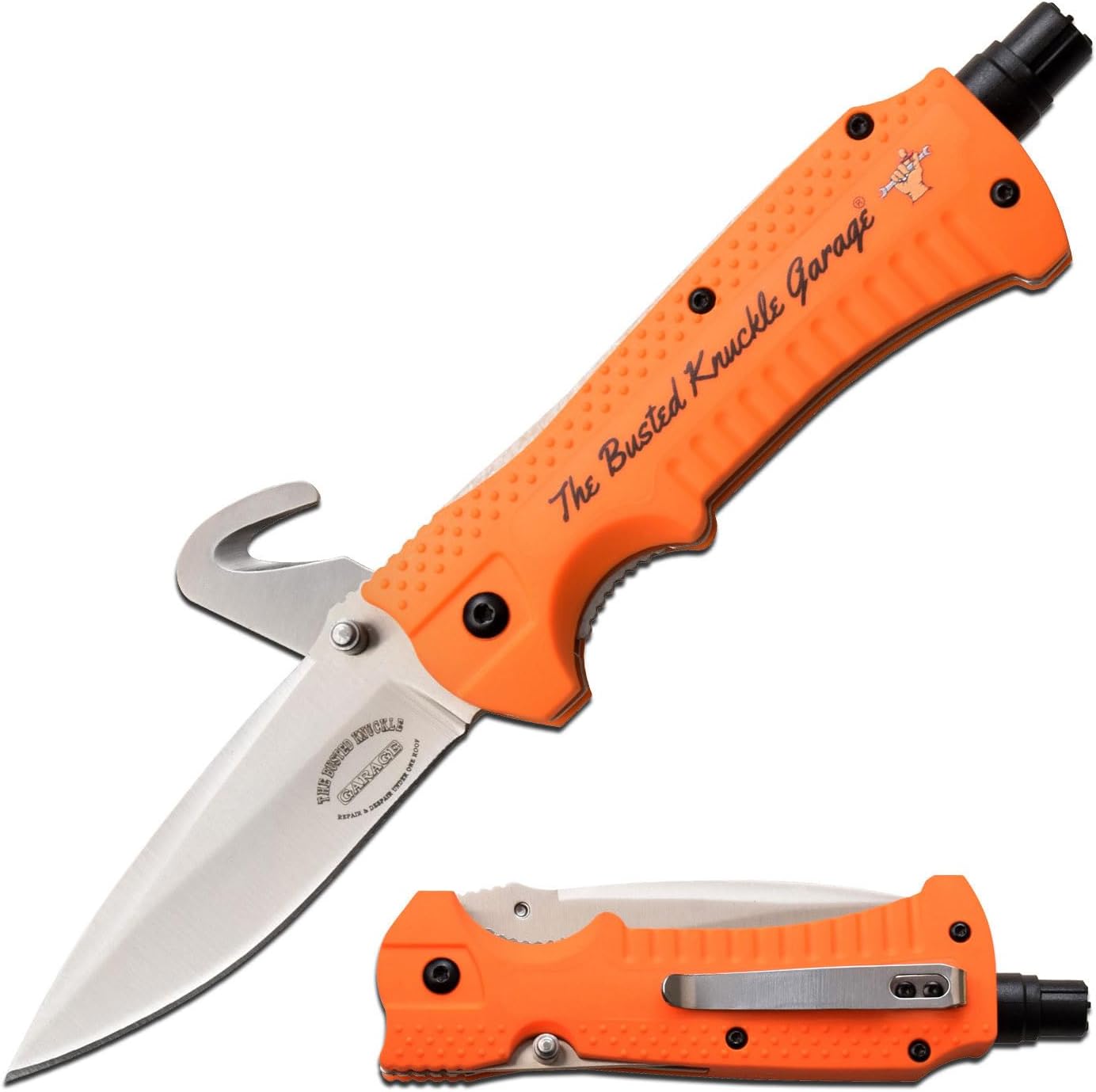 Busted Knuckle Garage - Manual Folding Knife - Stainless Steel Blade with Rope Cutter, Orange Nylon Fiber Handle w/Carbide Tip and Pocket Clip - BKG-FDR001