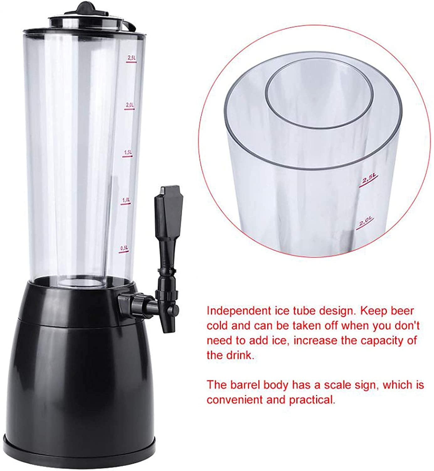 Dispensador de cerveza, barril de cerveza, dispensador de torre de cerveza de 2,5 l, con tubo de hielo extraíble, fácil de limpiar, para bar, fiestas en casa, restaurante buffet (plateado)