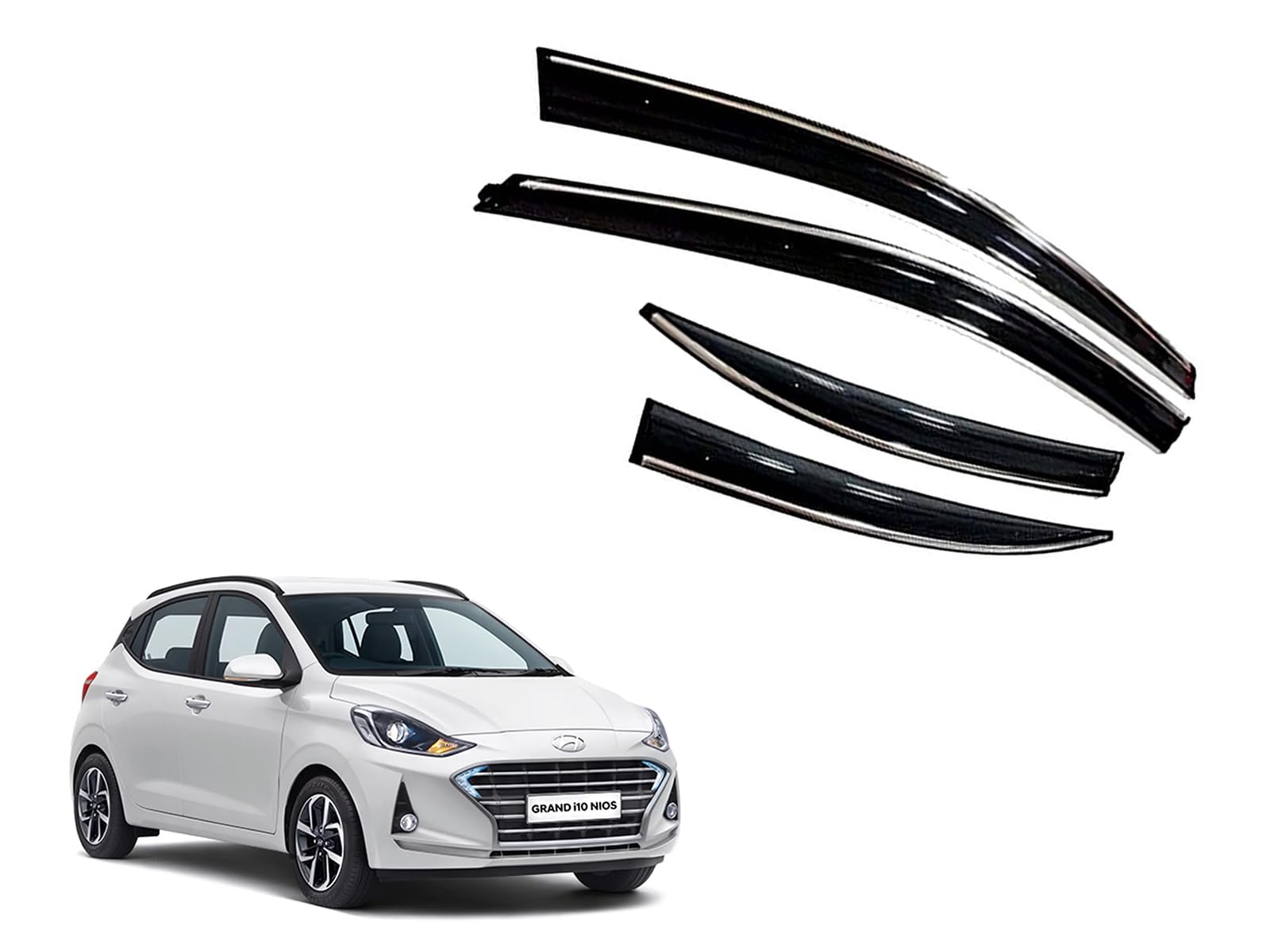 CAR SAAZ Unbreakable Chrome Line Door Visor for Grand I10 NIOS (2019-2023)(Set of 4Pcs) | Rain Guard | Wind Deflector