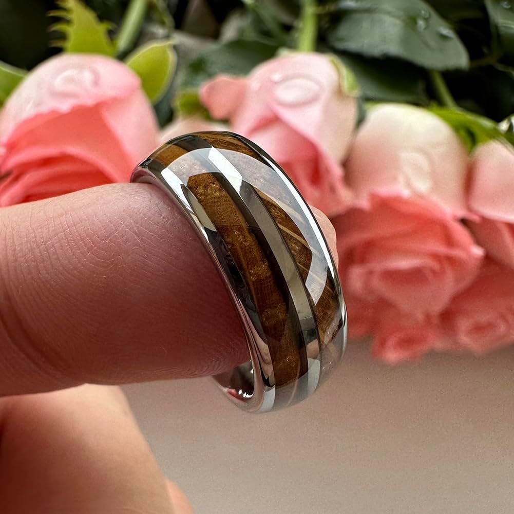 TUTISS 8mm Silver/Black/Gunmetal Tungsten Rings for Men Women Wedding Bands Double Whisky Barrel Oak Wood Inlay Domed Polished Shiny Comfort Fit
