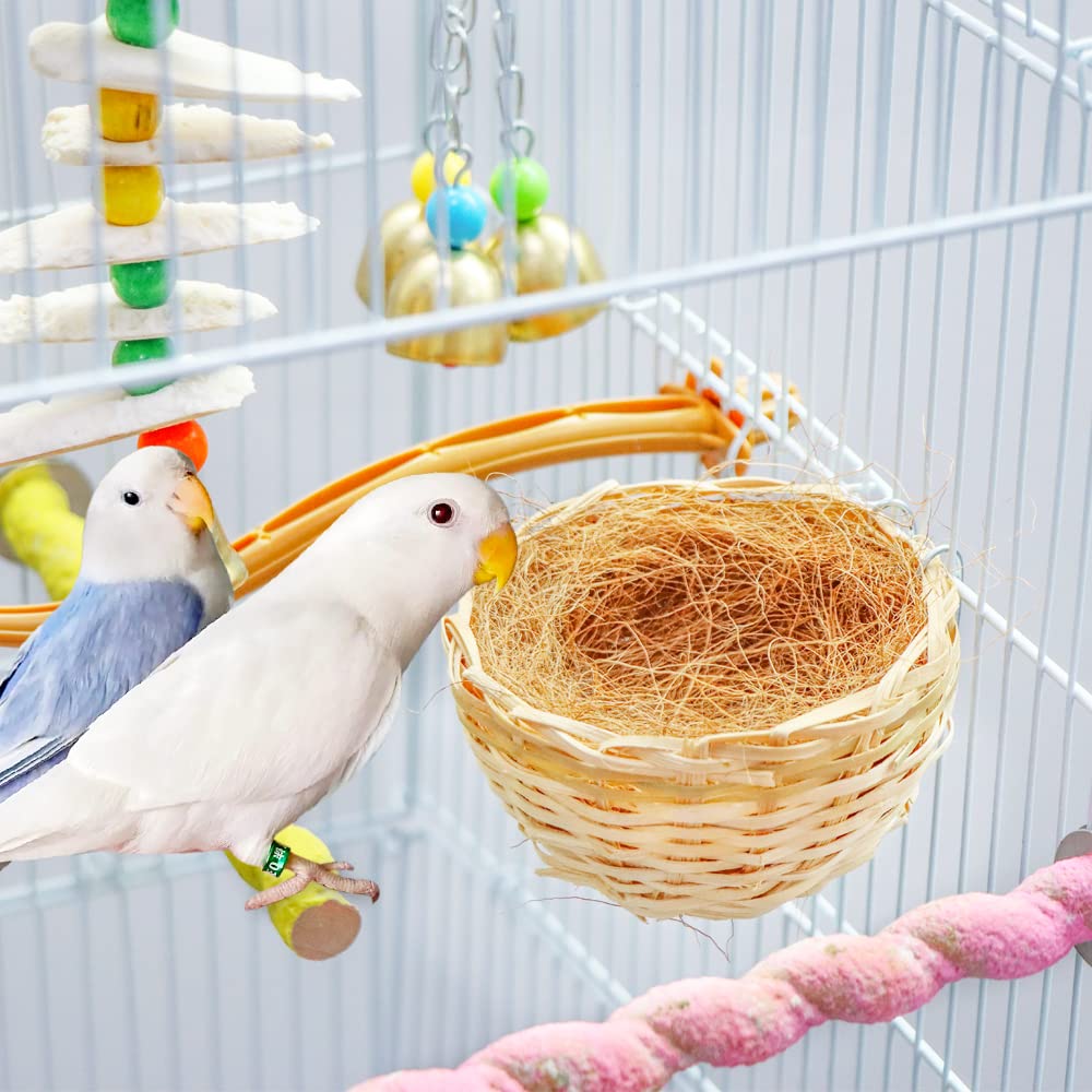 VTurboWay: 4 Stück kleines, handgewebtes Bambus-Vogelnest, Käfighaus, schlüpfende Bruthöhle mit Haken für kleine Vögel, Papageien, Wellensittiche, Sittiche, Nymphensittiche, Sittiche, Finken, braun