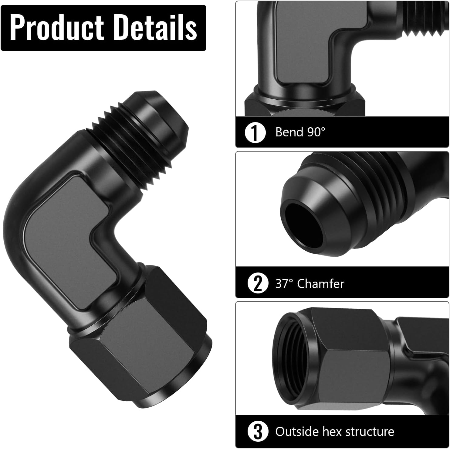 AN Female to AN Male Swivel Flare Union Fitting Adapter, Black Hard Aluminum Hex Anodized Connector Suitable for Vehicle Fuel Oil Line Modification (2, 90°/6AN-6AN)