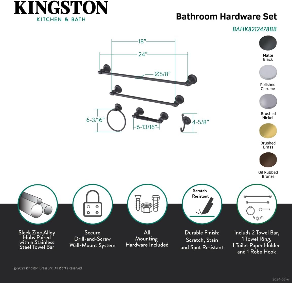 Kingston Brass BAHK8212478MB Continental 5-Piece Bathroom Accessory Set, Matte Black