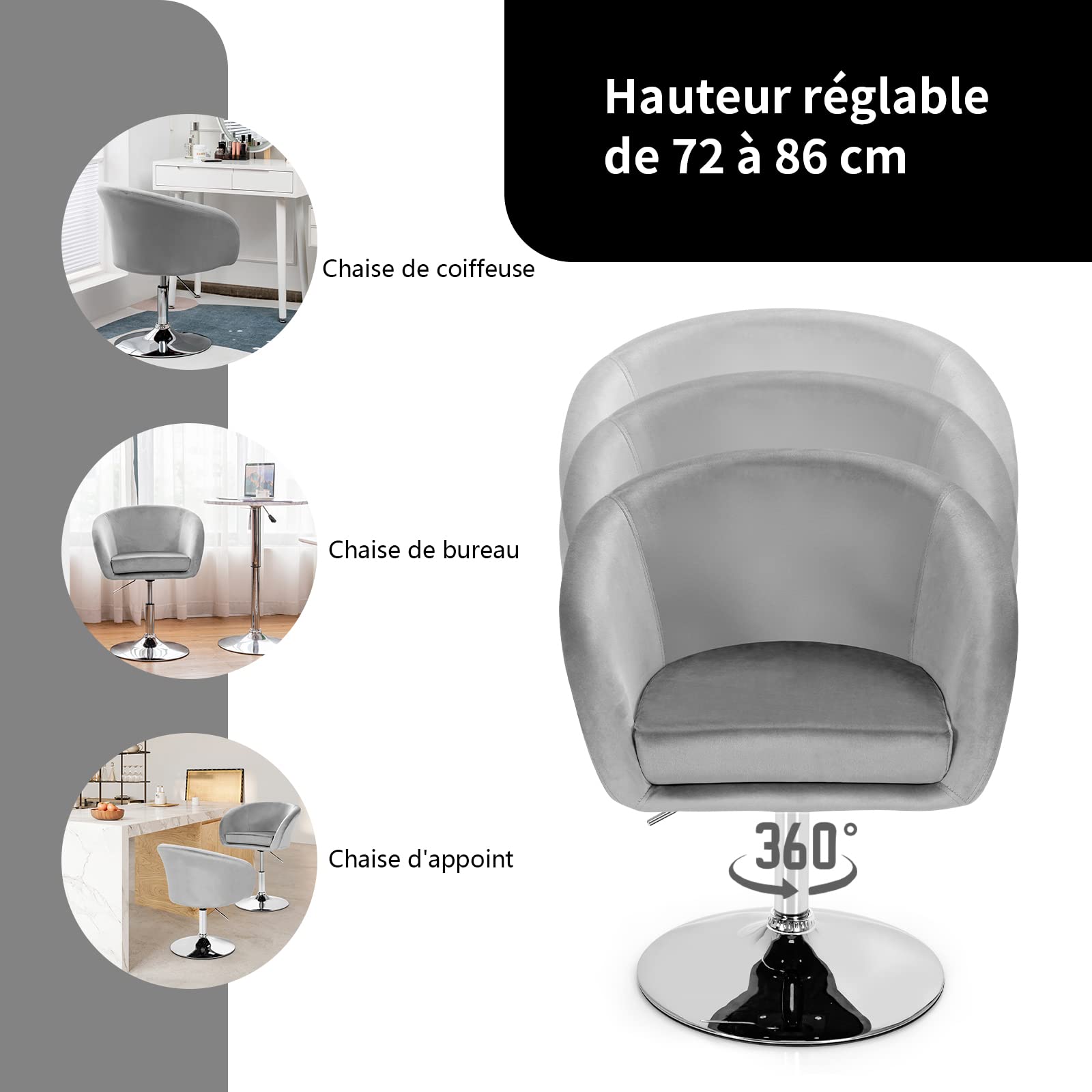 COSTWAY Chaise Coiffeuse Pivotante en Velours, Fauteuil de Bureau sans roulettes Hauteur Réglable, Chaise de Bureau en Éponge Élastique, Base Galvanisée, Charge 125kg(Gris)
