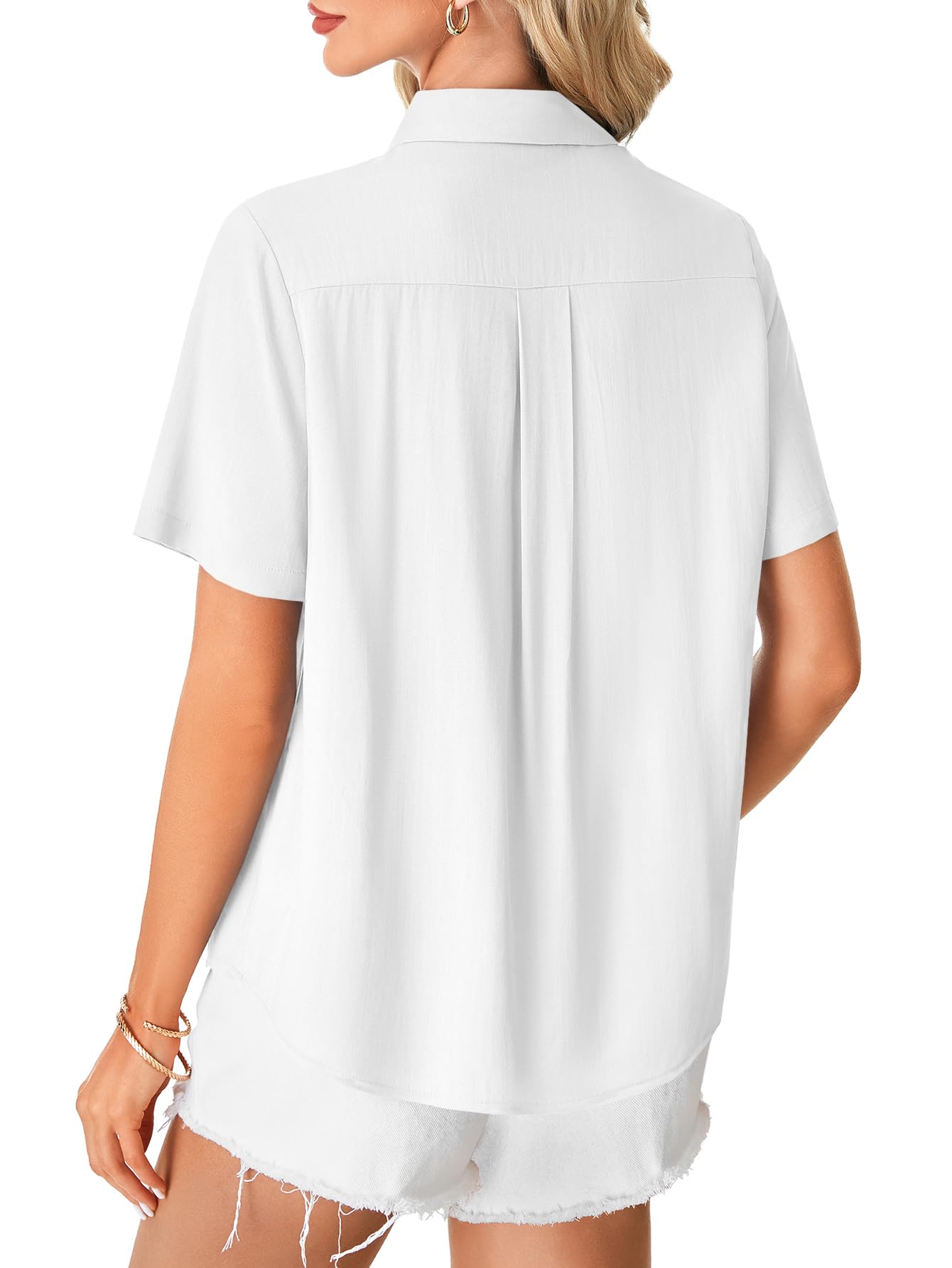 LYANER Women's Ruched Collared Neck Short Sleeve Button Down Loose Fit Office Blouse