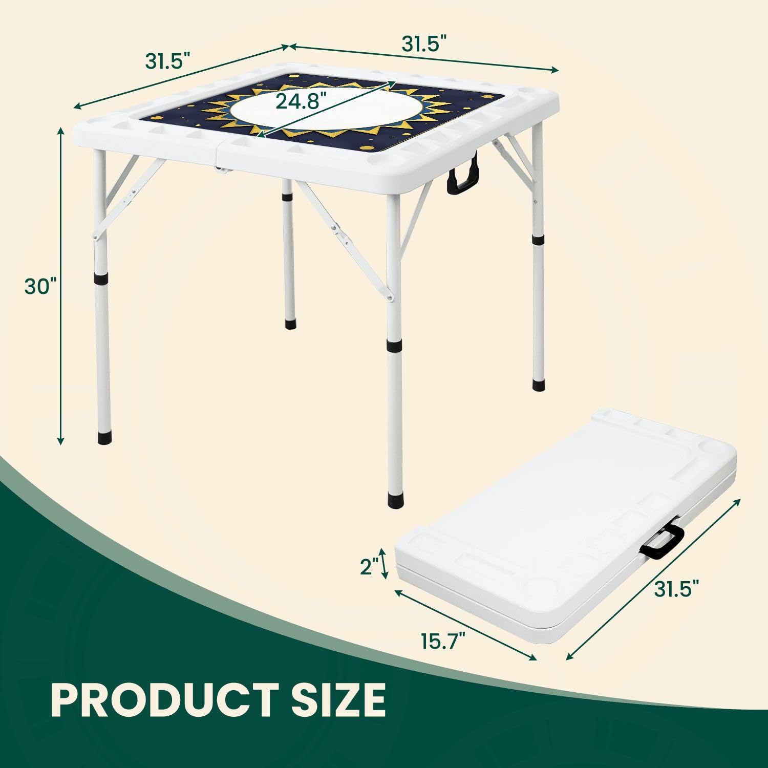 Folding Mahjong Table with Gold Sunburst Circular Frame Deep Blue Decorative Dots Wear-Resistant Mahjong Mat, 4 Cup Holders & Chip Trays for 4 Players Square Portable Card Table for Poker Domino