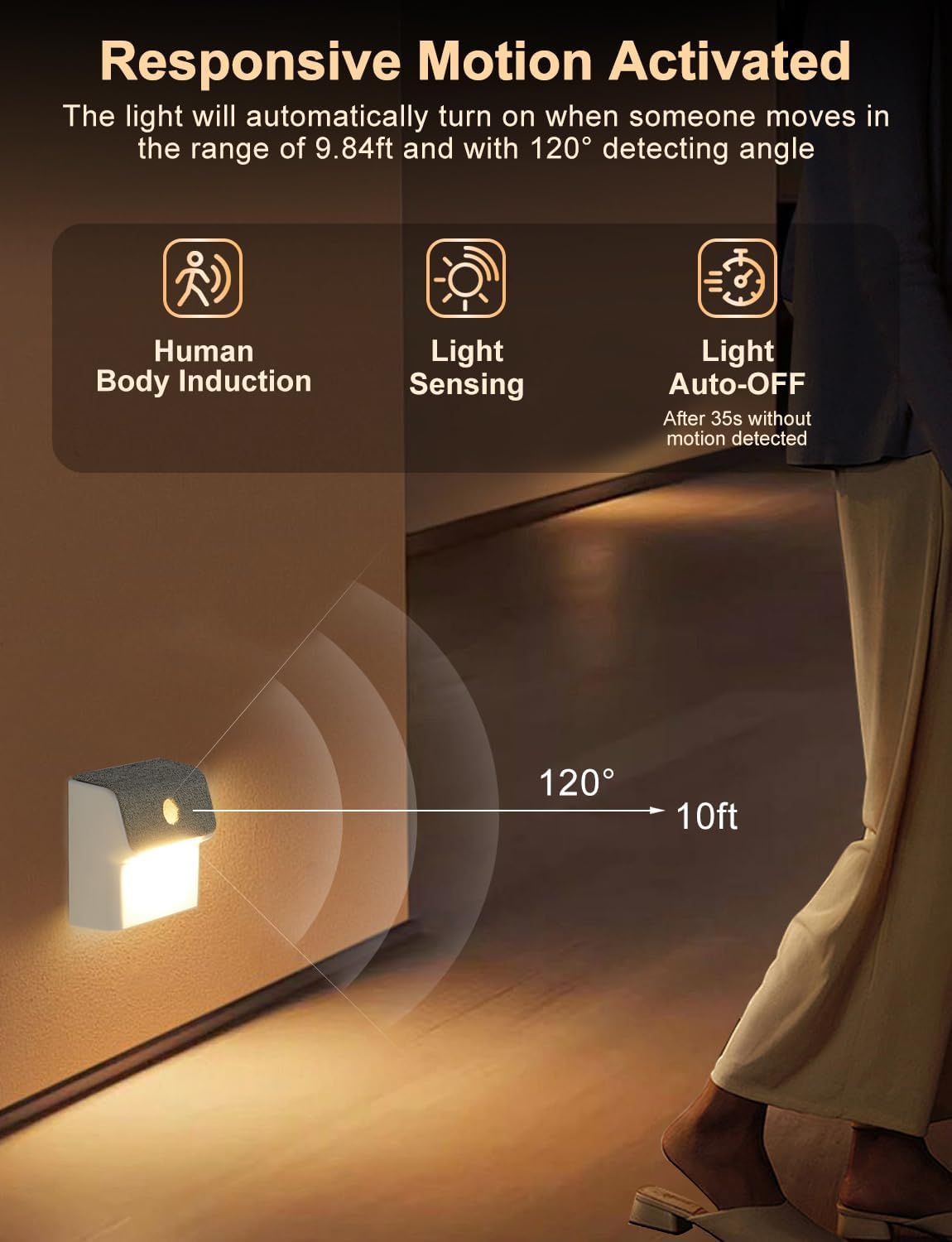 Linkage Stair Lights Motion Sensor Indoor, Magnetic Stick-On LED Wall Light, Dimmable Warm White Light, Rechargeable Motion Activated Light, for Hallway, Bedroom, Stairs, Kitchen