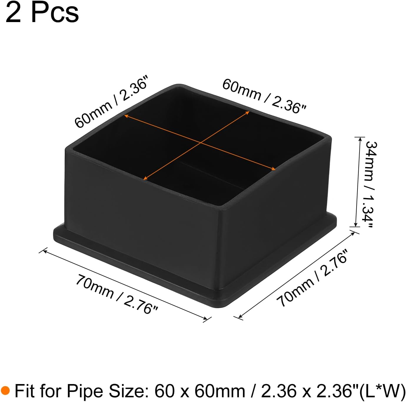 2Pcs PVC Square Chair Leg Caps, 60mm x 60mm OD Black Furniture Feet Pads Table Foot Cover Caps Floor Protectors for Patio Table Cabinet Bed Furniture