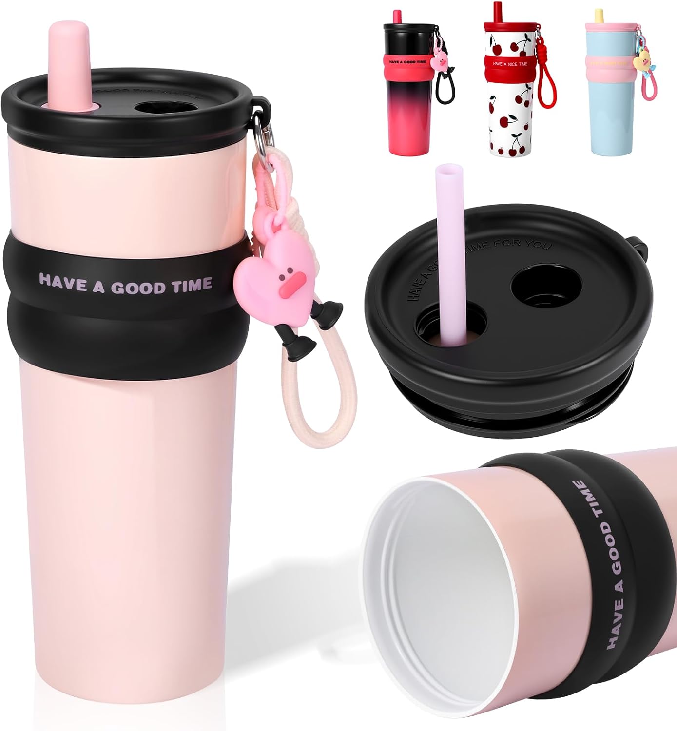 24 oz Stainless Steel Tumbler with Straw, Water Bottle Leak Proof for Hot and Cold, Pink Insulated Coffee Travel Mug, Girls Ceramic Lined Tumbler, Reusable Thermal To Go Coffee Cup Gift for Women