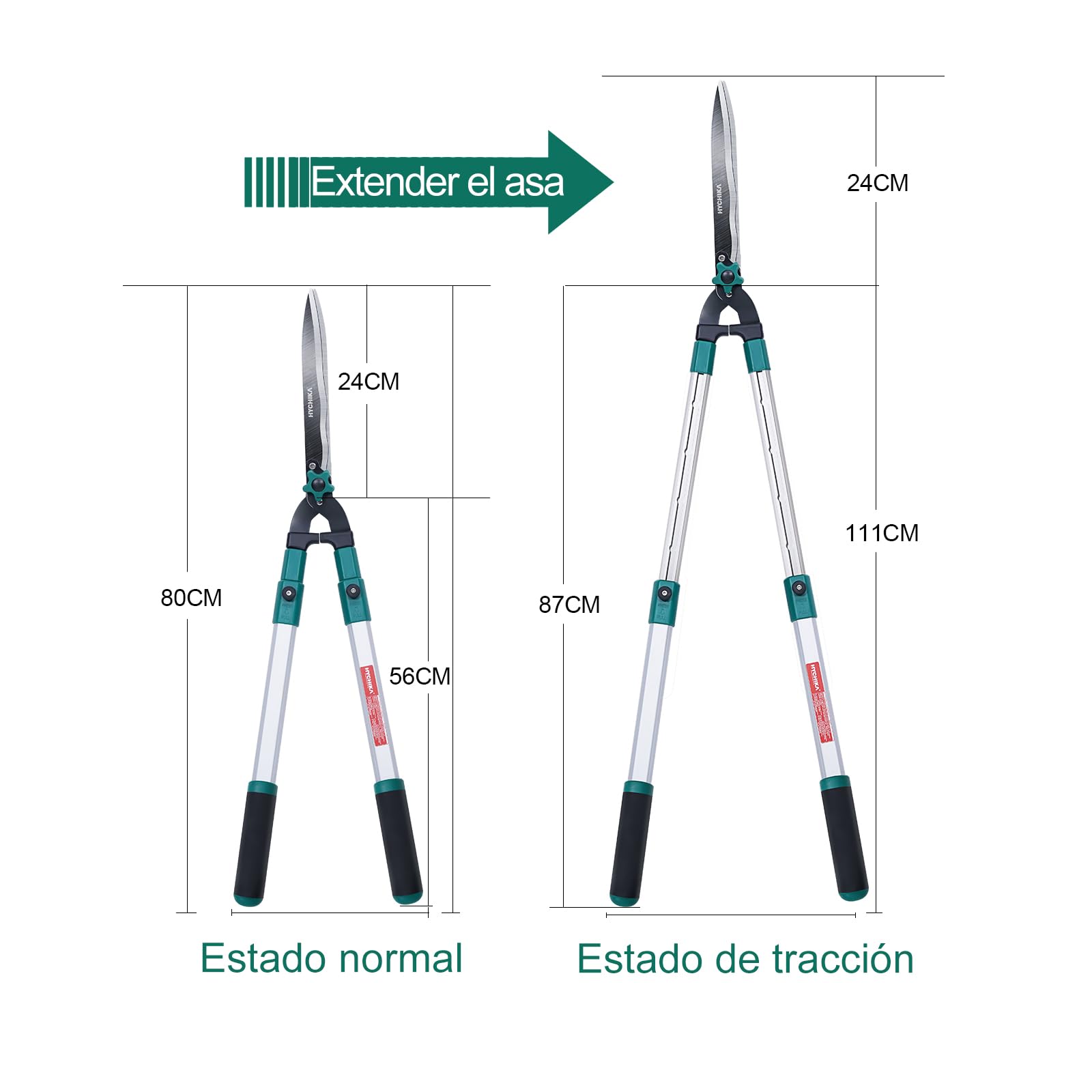HYCHIKA Tijeras Cortasetos Telescopico Manual 111CM, Tijeras de Podar Cortasetos, Cuchillas de Acero Templado, Hoja de 214 MM, Tijeras Jardin Para Podar Setos y Arbustos