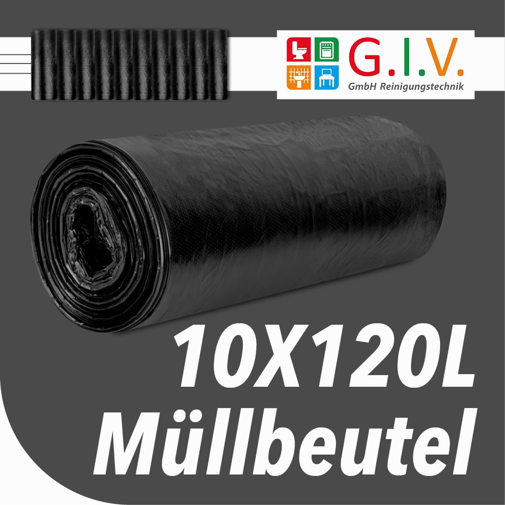 G.I.V. Stabile reißfeste Müllbeutel 10x 120L Fassungsvolumen 30 µ - 20 Stück pro Rolle - schwarze Abfallsäcke 70x110cm flüssigkeitsdicht & recyclingfähig - Restmüll in Haushalt, Gastronomie, Industrie