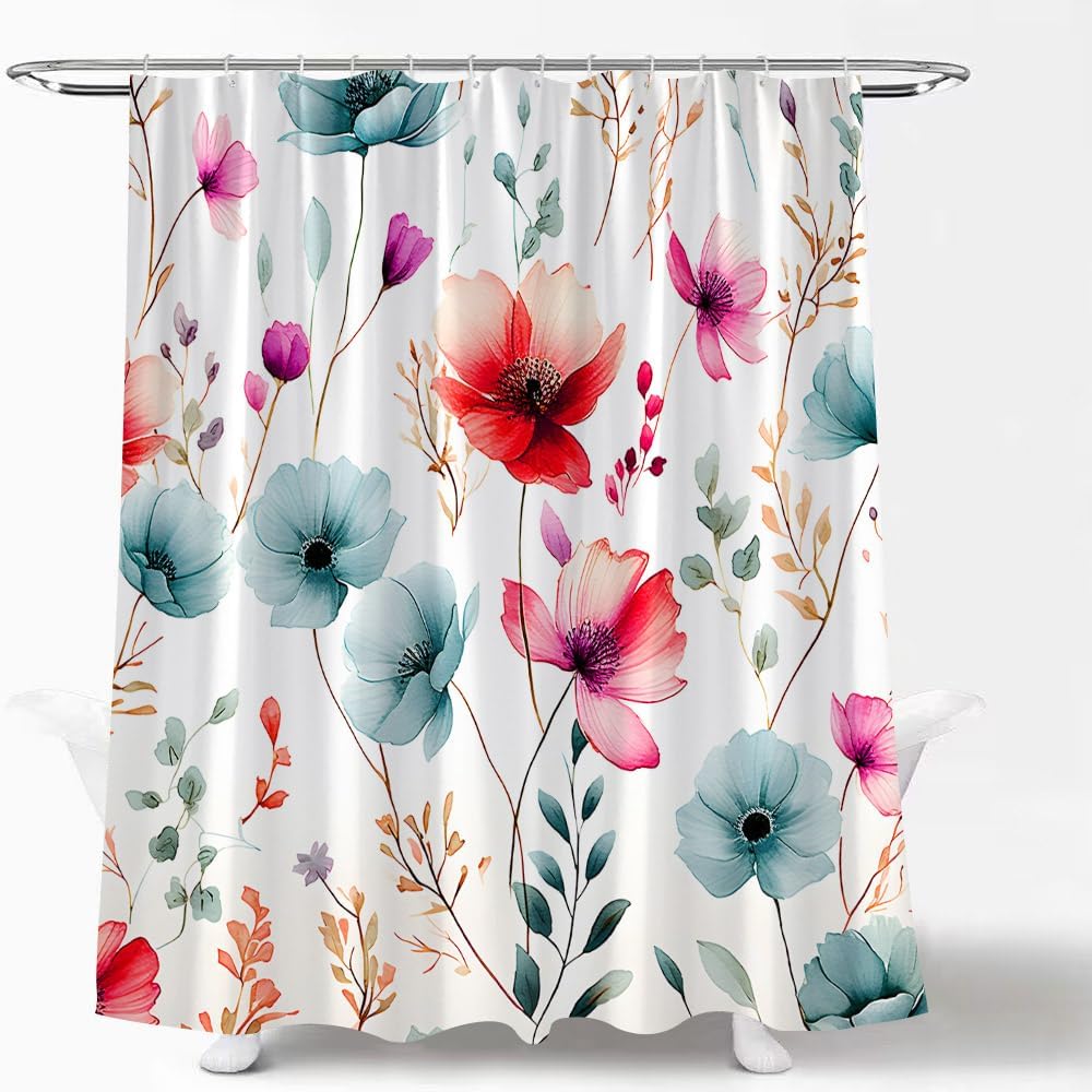 Yellow Blue Floral Shower Curtain Watercolor Colourful Boho Wildflower Blossom Plant Flower Modern Minimalist Fabric Bath Curtain Set with Hook