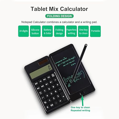 Miniatura 2 de Maizoon Calculadora solar con tableta de escritura, fuente de alimentación doble, bloc de notas plegable portátil, pantalla grande y diseño