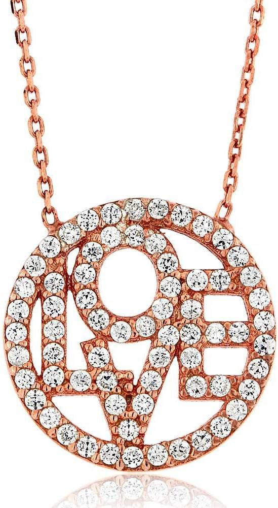 Gem Stone King 18K Rose Gold Plated Sterling Silver Circle Love Pendant Necklace + 16 Inch + 2 Inch Extender