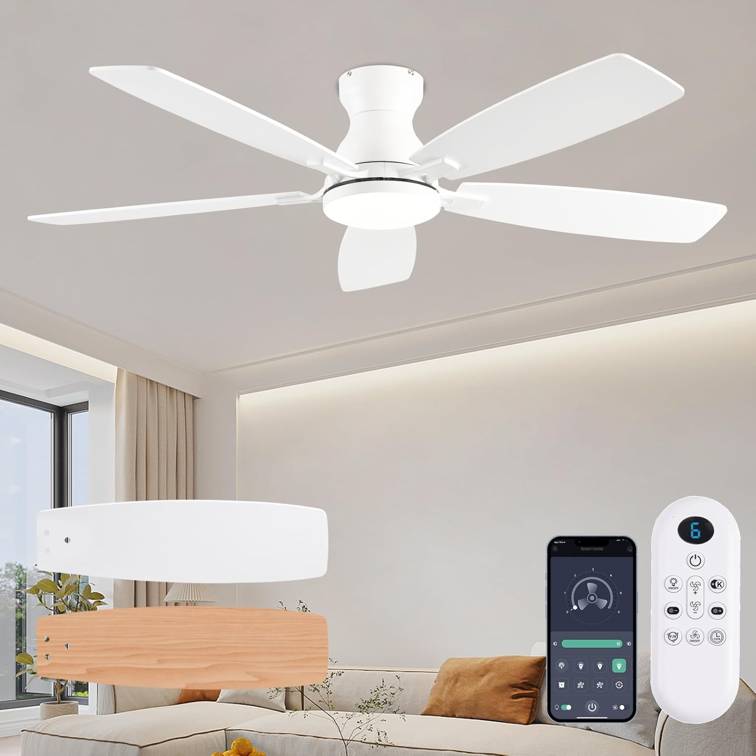 Ceiling Fans with Lights, 52 Inch Low Profile Ceiling Fan with Light and Remote Control, Flush Mount, DC Reversible Motor, Noiseless, White 6 Speeds Ceiling Fan for Bedroom White 52inch