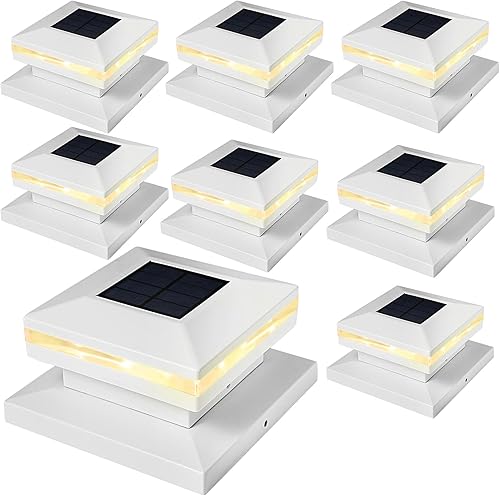 Viewsun Paquete de 8 luces solares para postes de exteriores, para vallas, cubiertas blancas para terraza, patio, decoración de jardín, iluminación
