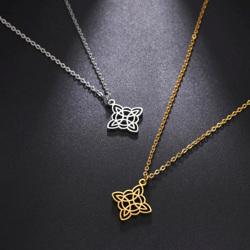 18K Yellow Gold Witch Knot Necklace, Nudo de Bruja, Witchcraft Witch Knot Necklace Women Neck Chains, Vintage Cross Pentacle Amulet, Gifts for Women