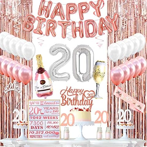 KeaParty 20th Birthday Decorations for Her, 20 Crown, Sash, Balloons, Cake Toppers, Banner, Card Rose Gold Decorations. Cover
