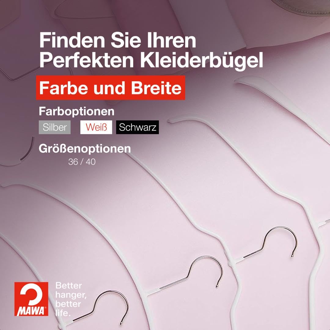 MAWA Kleiderbügel Light, Set mit 20 platzsparenden und rutschfesten Bügeln, ideal für T-Shirts, Tops und leichte Pullover, mit 360° drehbarem Haken und Antirutschbeschichtung, 40 cm, Weiß