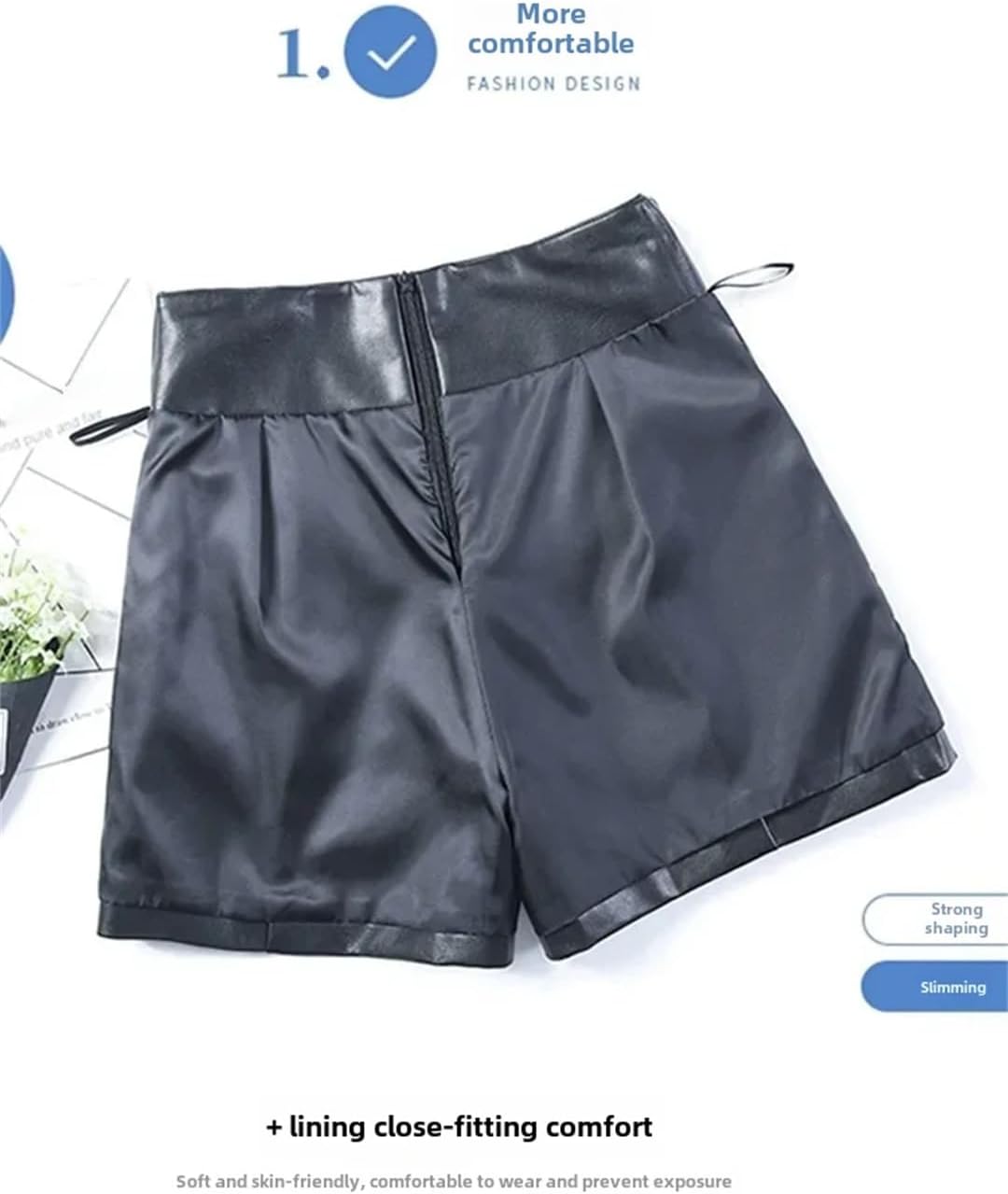 Women High-Waisted Slimming Black Leather Shorts Loose-Fit Straight-Leg A- Line Wide-Leg Pants