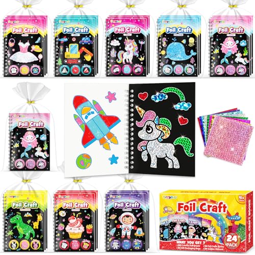 FUNNYB&G 24 Foil Art Attività Libri Gadget Compleanno Bambini - 2 in 1 Foil Art Libri da Colorare Bambini Regalini Fine Festa Compleanno, Regalo Giochi Lavoretti Creativi Bambina 4-10 Anni