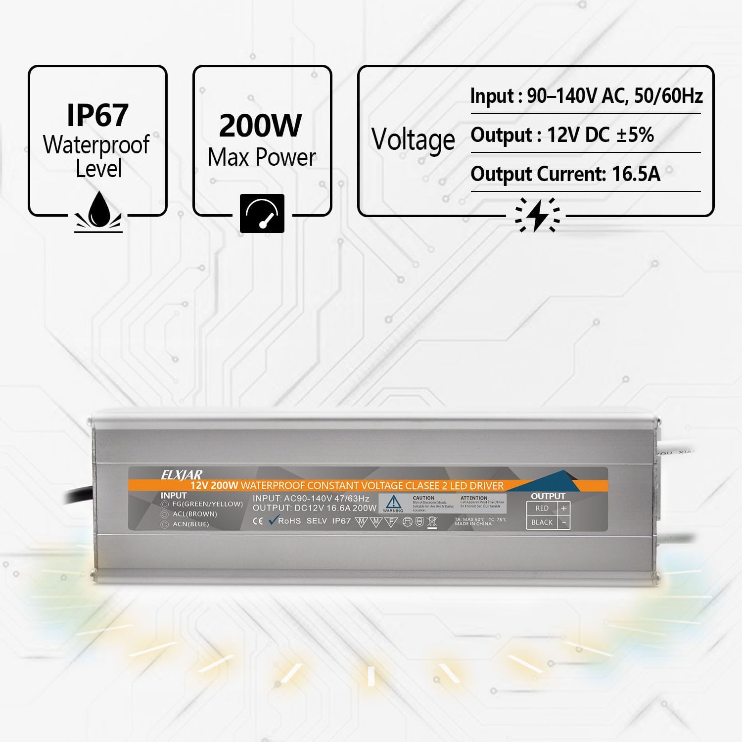 (2-Pack) 200W 12V Waterproof IP67 LED Power Supply Driver Transformer, 90-140V AC to 12V DC Low Voltage Output for Outdoor Use with Plug, Short Circuit & Overload Protection