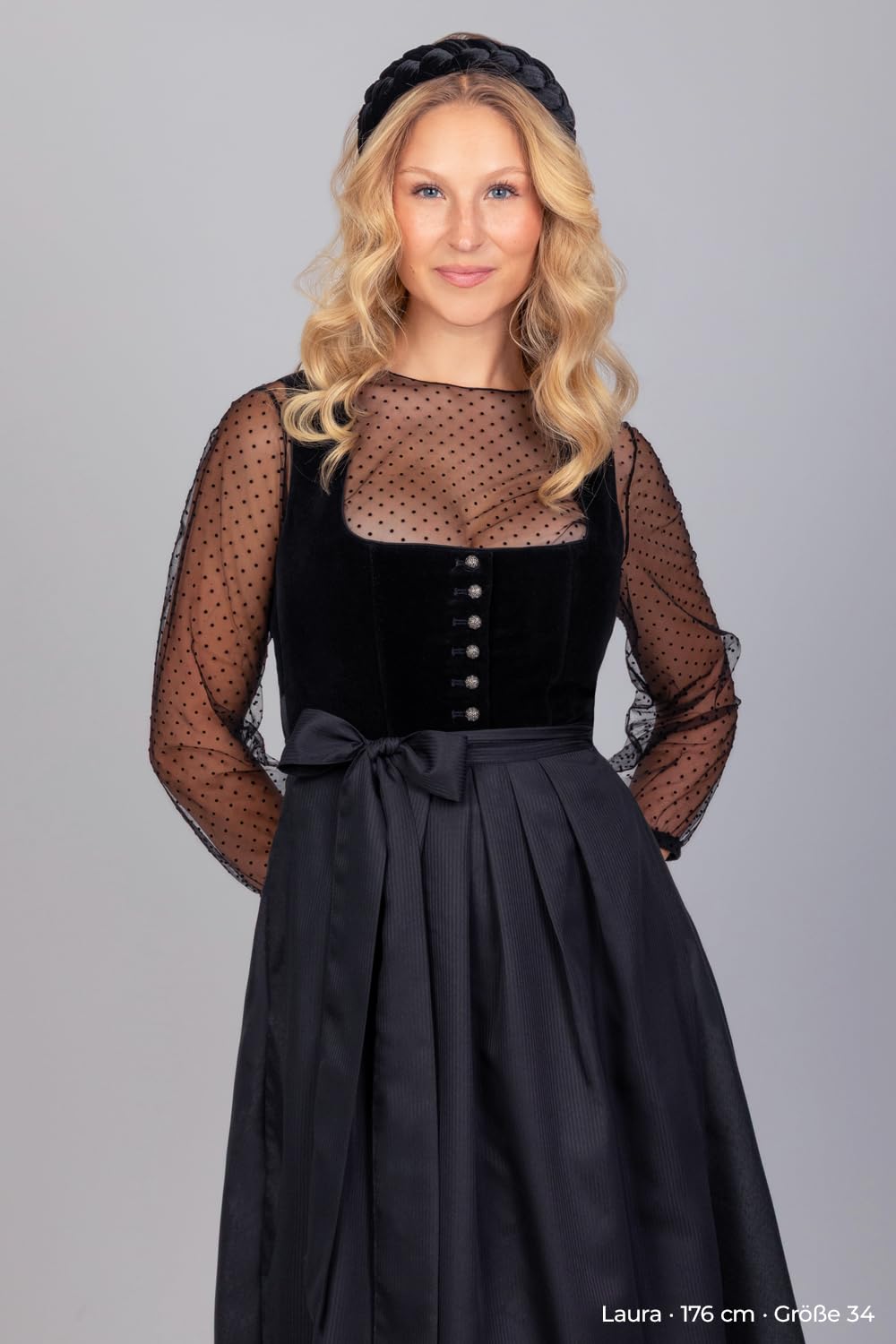 Edelnice Trachtenmode traditionelles langes Designer Dirndl Clarissa dunkelblau inkl. Dirndlschürze