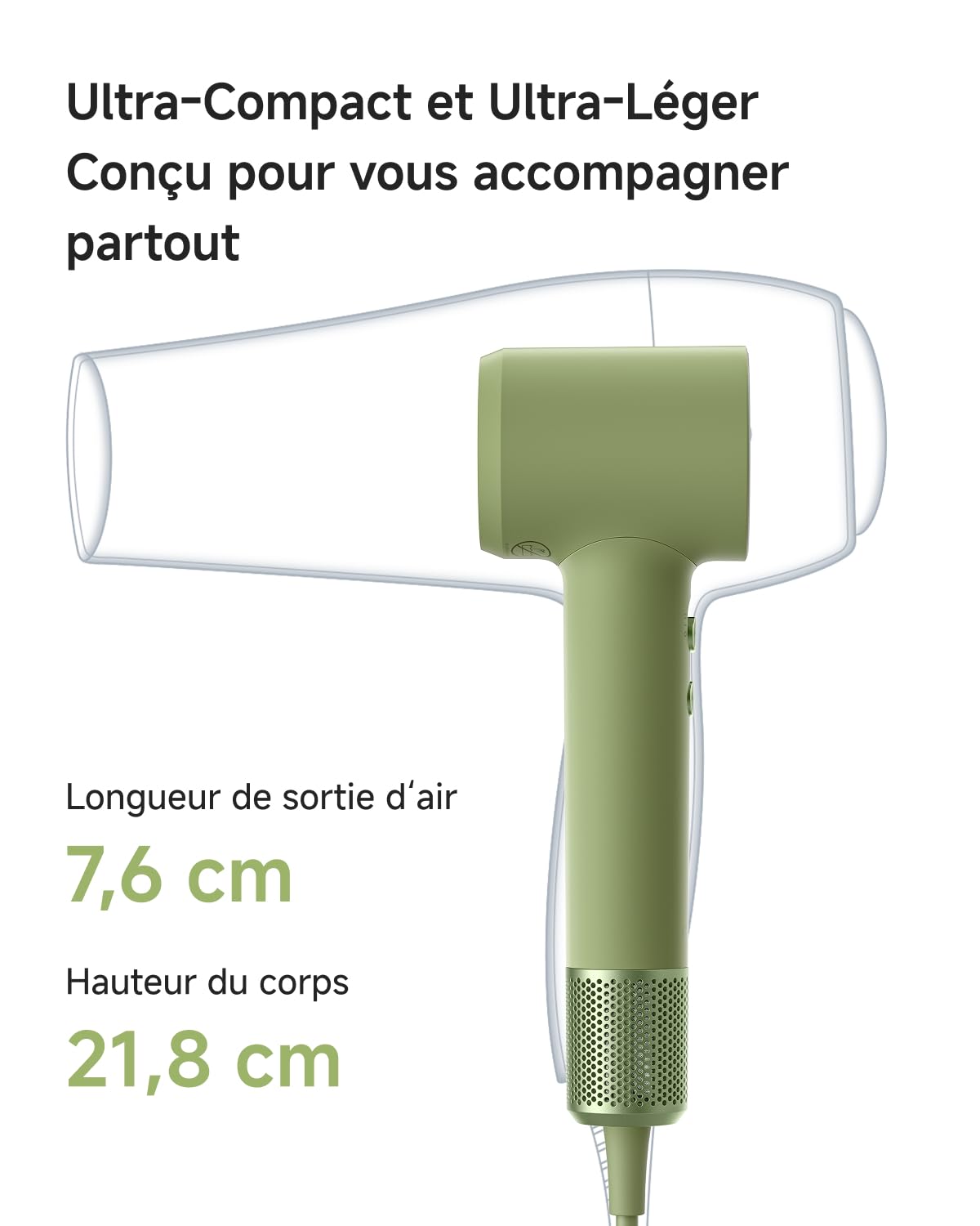 Laifen Mini Seche Cheveux de Voyage avec Sac, 110 000 tr/min, 299g, Vert | 110k Tr/Min, Sèche Ionique Voyage, 200M Ions Nég., 61dB, Étui Inclus.