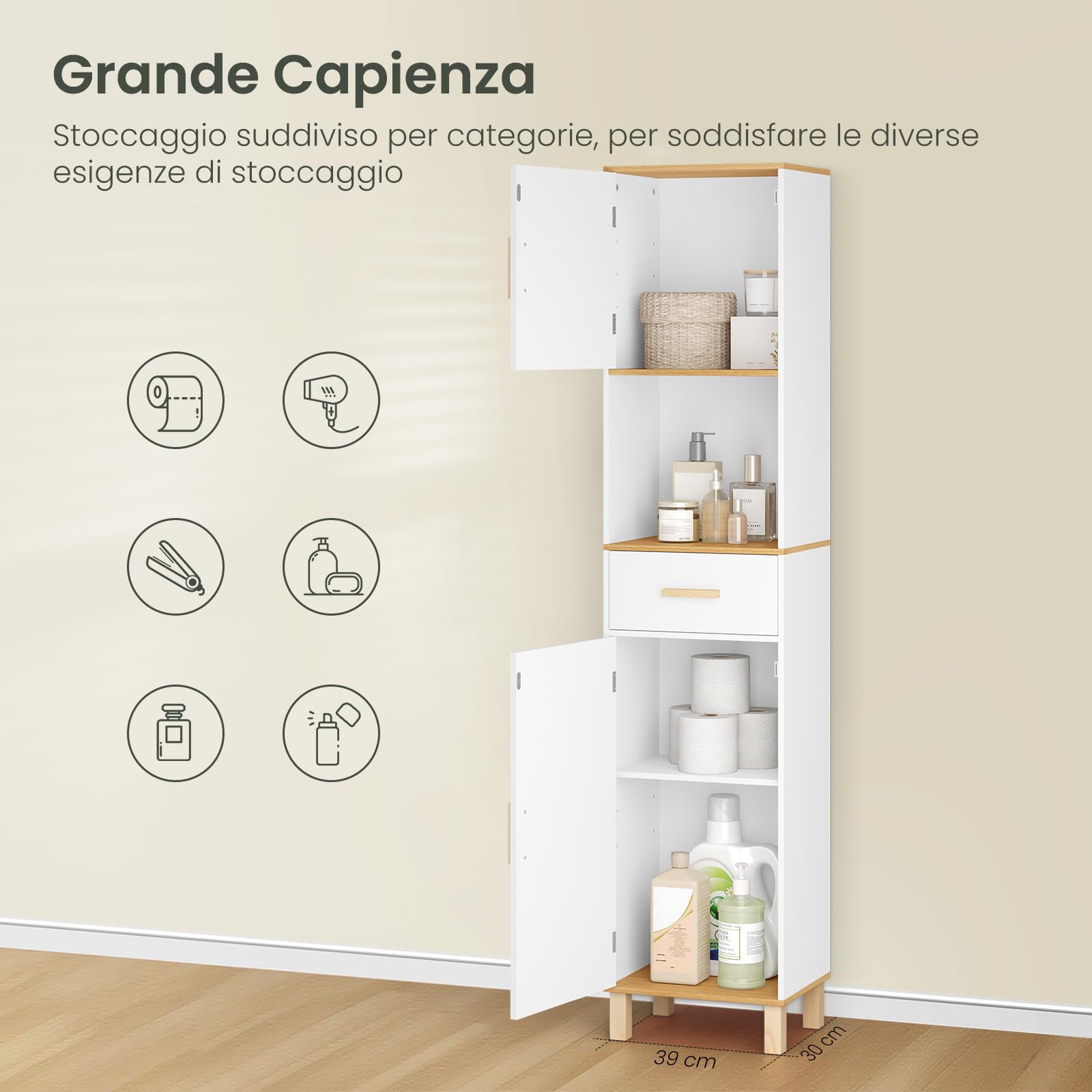 EUGAD Mobile da Bagno Alto e Stretto, Armadio a Colonna da Bagno Salvaspazio in Legno MDF Mobiletto, Mobile Multiuso con 2 Ante, 1 Cassetto e 1 Vano Aperto, Bianco, 40x30x180cm