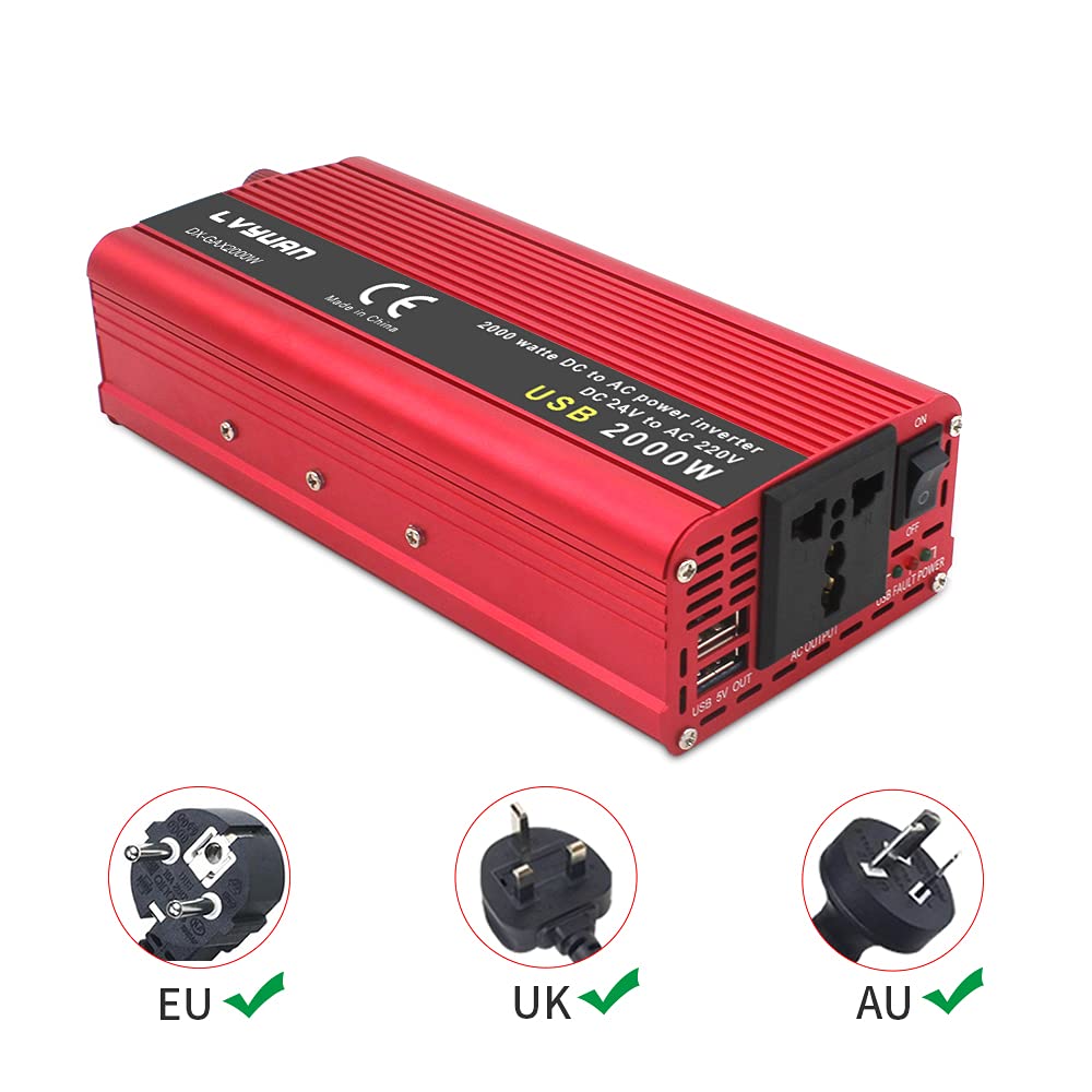 Inversor,Inversor Coche 1500W / 2000W Coche Energía Solar inversor DC 24V a AC 220V Cargador portátil Conversor Adapter Adapter Universal Socket Auto Accesorios(1500W 24V)