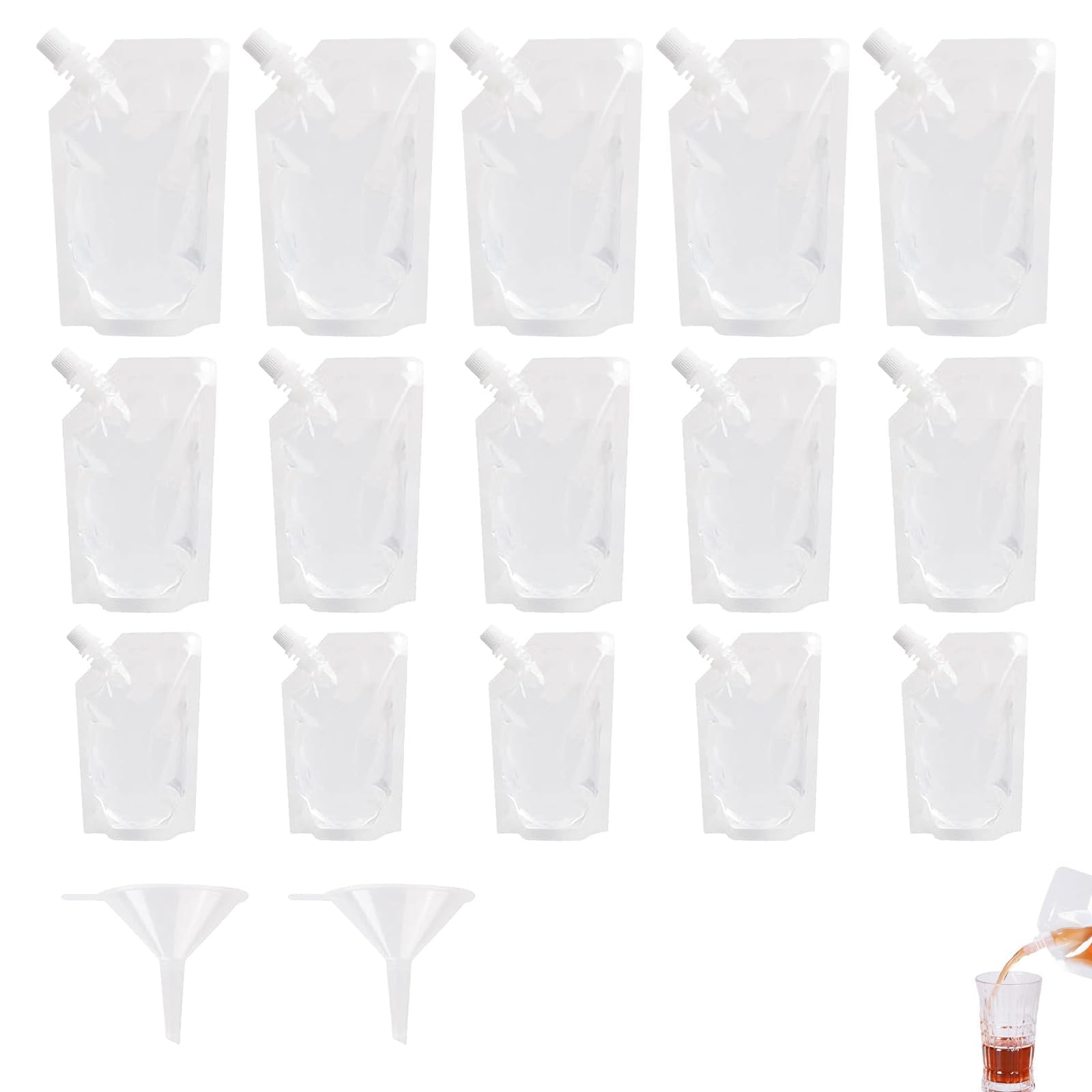 HBINGL 15 Pcs Alcohol Pouches for Festival, Drink Pouches with 2 Pcs Funnels, Leak Proof Alcohol Juice Liquid Pouches Bags, Beverage Bags Festival Essentials, 250ml* 5,420ml* 5,500ml* 5