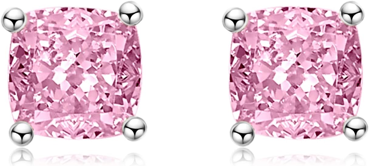 18K White Gold Plated Round Square Clear Cubic Zirconia Stud Earrings, 925 Sterling Silver 3-10 Carat Simulated Diamond CZ Earrings, Princess Radiant Cushion Oval Cut Hypoallergenic Studs for Women