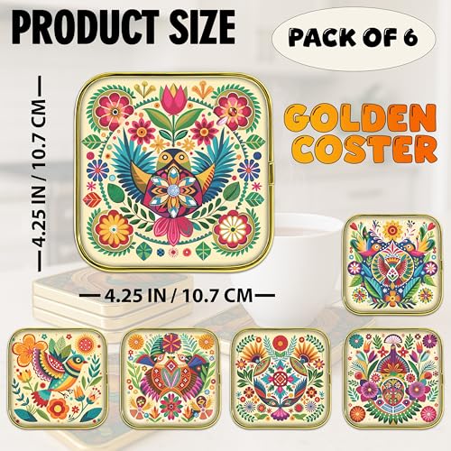 Image of Rousrie Stylist Modern Wooden Coasters with Golden Border | Set of 6 | Stand Included Premium Handmade Coaster for Tea Cups, Coffee Mugs, Beer Mugs, 10 by 10 cm (Bohemian Pattern)