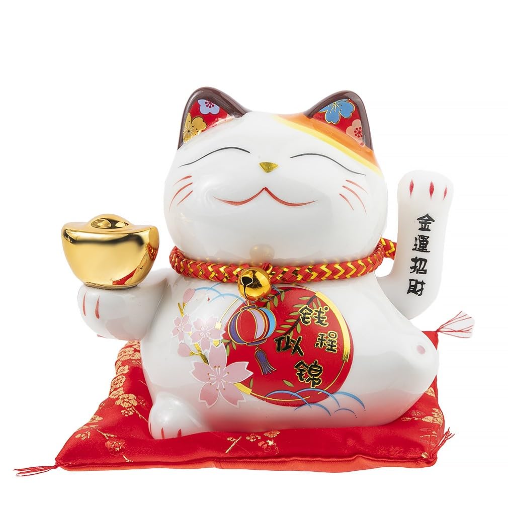 lachineuse - Maneki Neko Cat - Japanese Lucky Cat Figurine - Moving Arm - Kawaii Decorative Object - Lucky Cat Porcelain - Fortune, Happiness, Luck