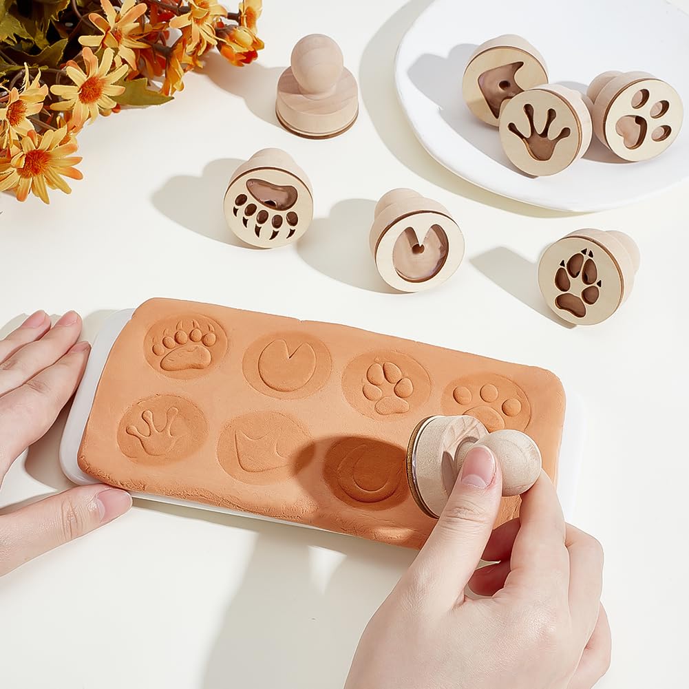 PH PandaHall Juego de 8 sellos de arcilla de madera, sellos redondos de huellas de huellas de animales pequeños de madera natural con asa para manualidades, arcilla y cerámica, 4,3 x 3,8 cm