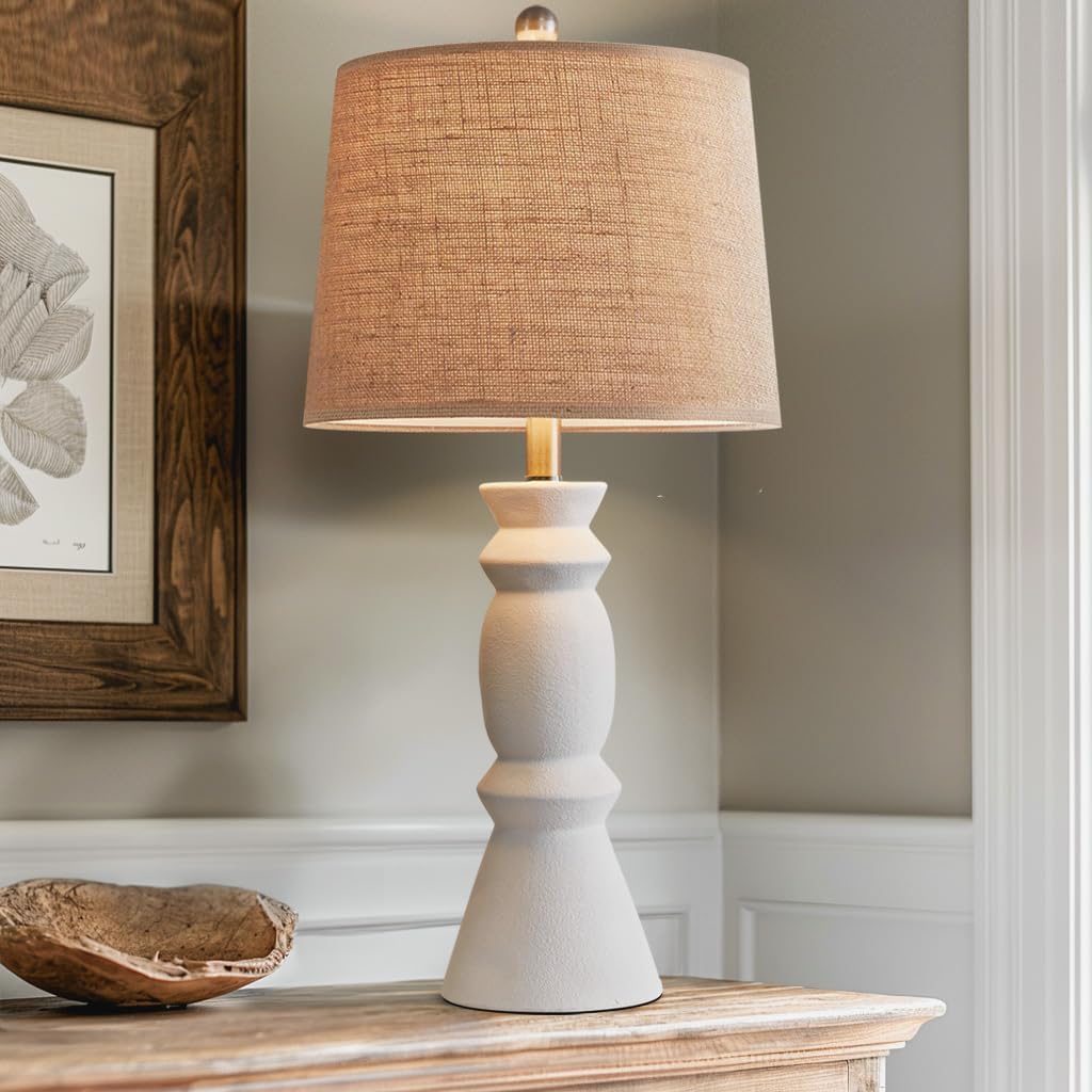 Oneach 25.75” Farmhouse Ceramic Table Lamp for Living Room, Rustic White Bedside Lamps for Bedroom, Nightstand, Dining Room, Office, Table Decor